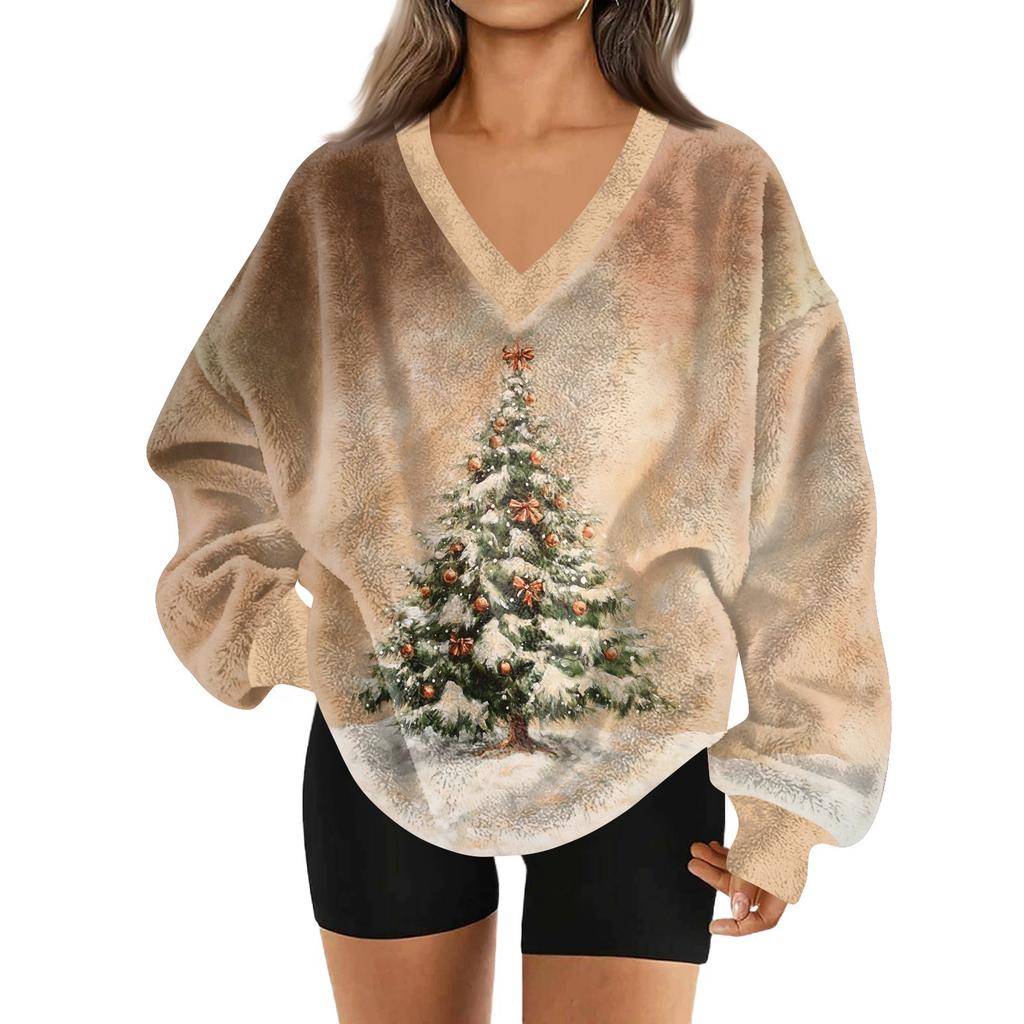 Women's Fashionable V-neck Christmas Printed Long Sleeved Casual Pullover Plush Warm Sweatshirt Top