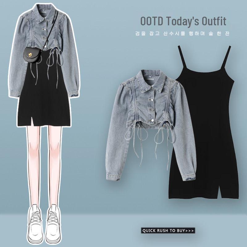 

Весна 2023 Женский джинсовый жакет и платье в чайном стиле, приталенный комплект из двух предметов M, Fits 40-50 kg