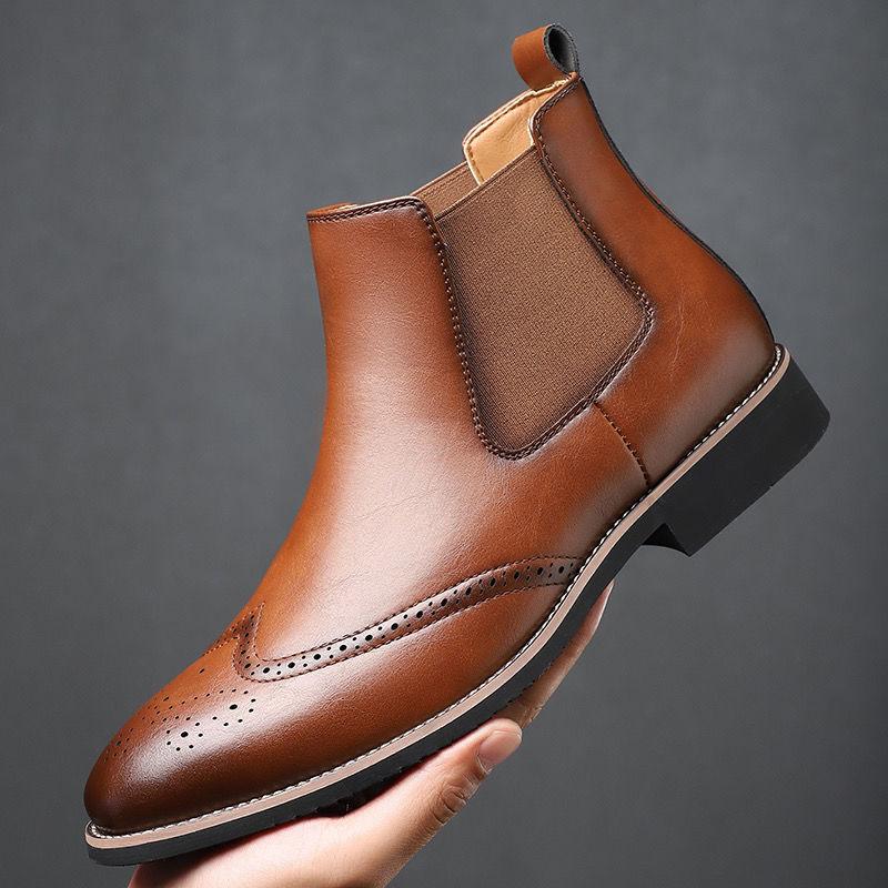 Men's British Style Vintage Brogue Chelsea Boots Soft Sole High Top Pointed Toe Leather Work Dress Shoes