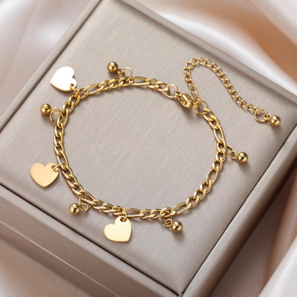 Teamer Stainless Steel Round Bead Heart Charm Bracelets 18k Gold Plated Holiday Jewelry For Women Daily Wear Party Jewelry Gift