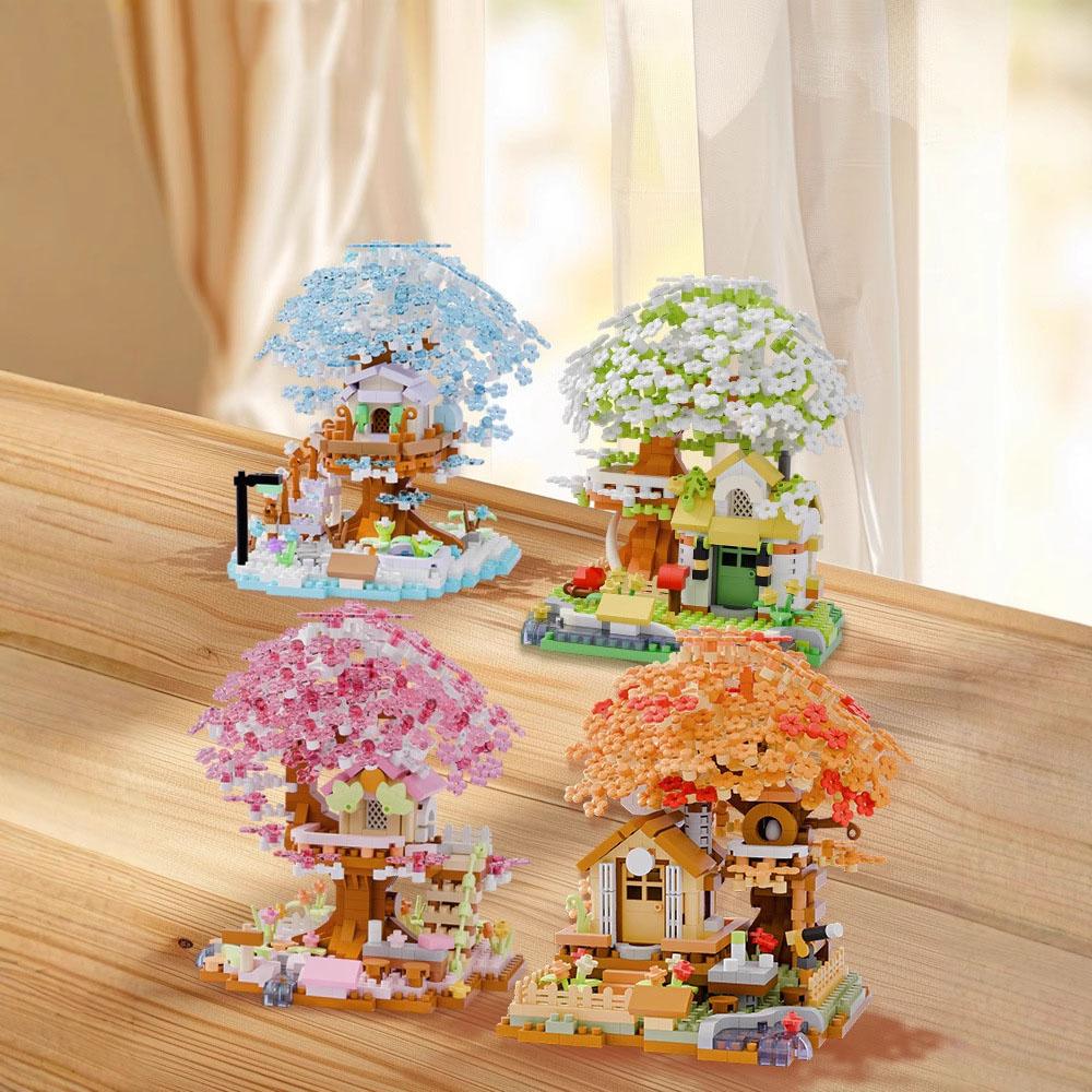 Idea Construction Building Brick Cherry Blossom Tree House Micro Diamond Block Village Cabin Treehouse Toys Nanobrick For Gift