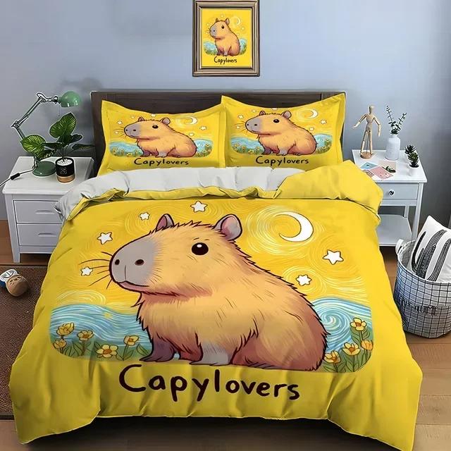 Schattig Cartoon Capybara Print Beddengoed Set Dekbedovertrek 1 Dekbedovertrek 2 Kussenslopen Beddengoed Set voor Volwassenen en Jongens Kerstcadeaus