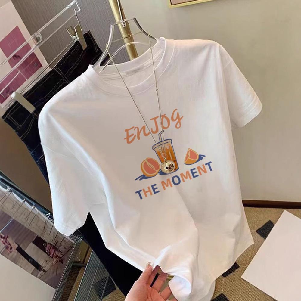 Regular loose fashion printed short-sleeved t-shirt women's pure cotton 2025 new bottoming shirt summer ins trendy white top