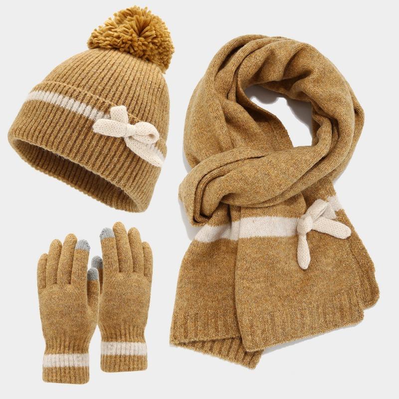 Winter Bow Decoration Hat Scarf Gloves Three Piece Set Sweet and Fashionable Anti Cold Warm Hat Set
