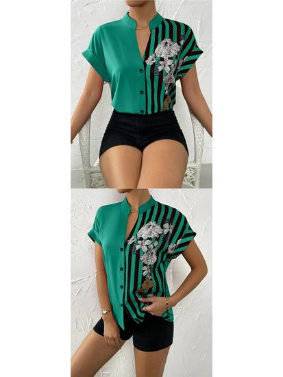 Damen Sommer Color Block Floral Knopf Strickjacke Hemd