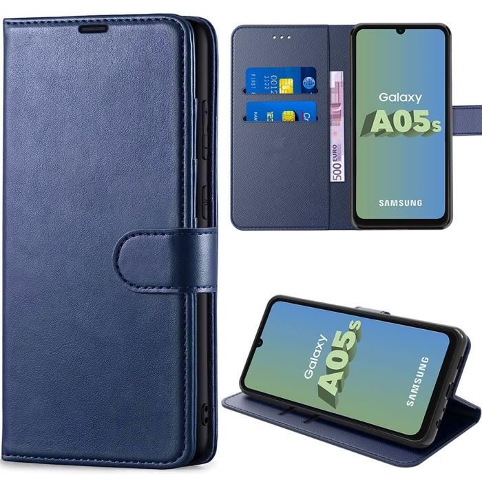 Coque pour samsung galaxy a05s, bleu marine, protection antichoc en cuir pu et intérieur tpu avec fentes pour cartes (pas pour a05)