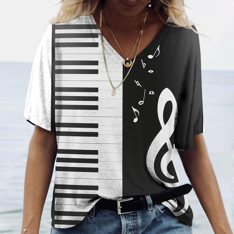 Women' T-shirt Piano 3d Print Everyday Casual Wear Oversized-shirt Funny Short Sleeve T-shirt V-neck Clothing Fitness Sweatshirt