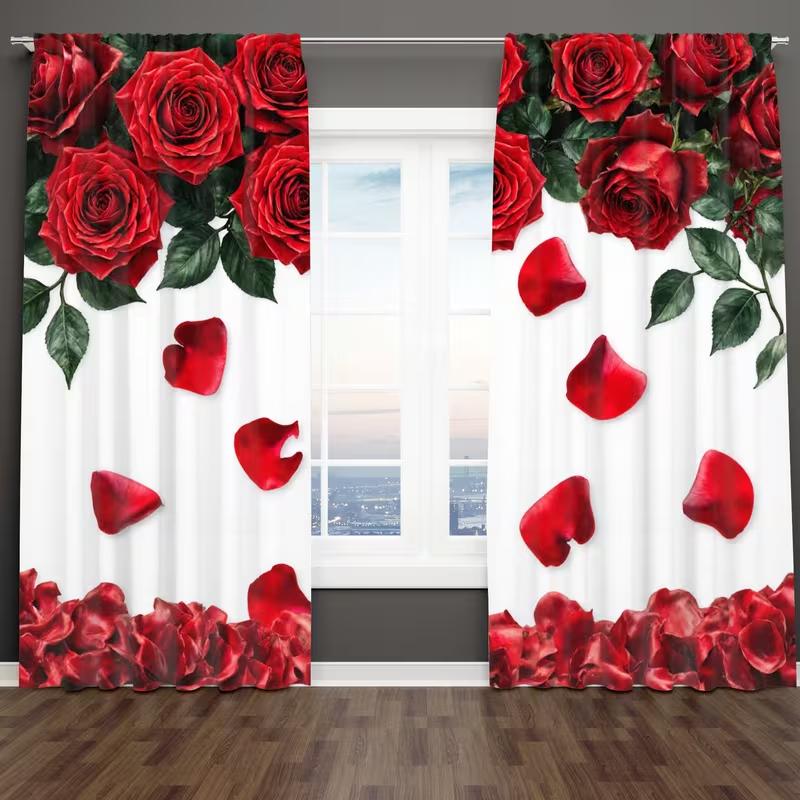 Red Rose Petal Curtains Floral Print Sheer Drapes Romantic Window Bedroom Living Room Made Of Polyester Area Treatment
