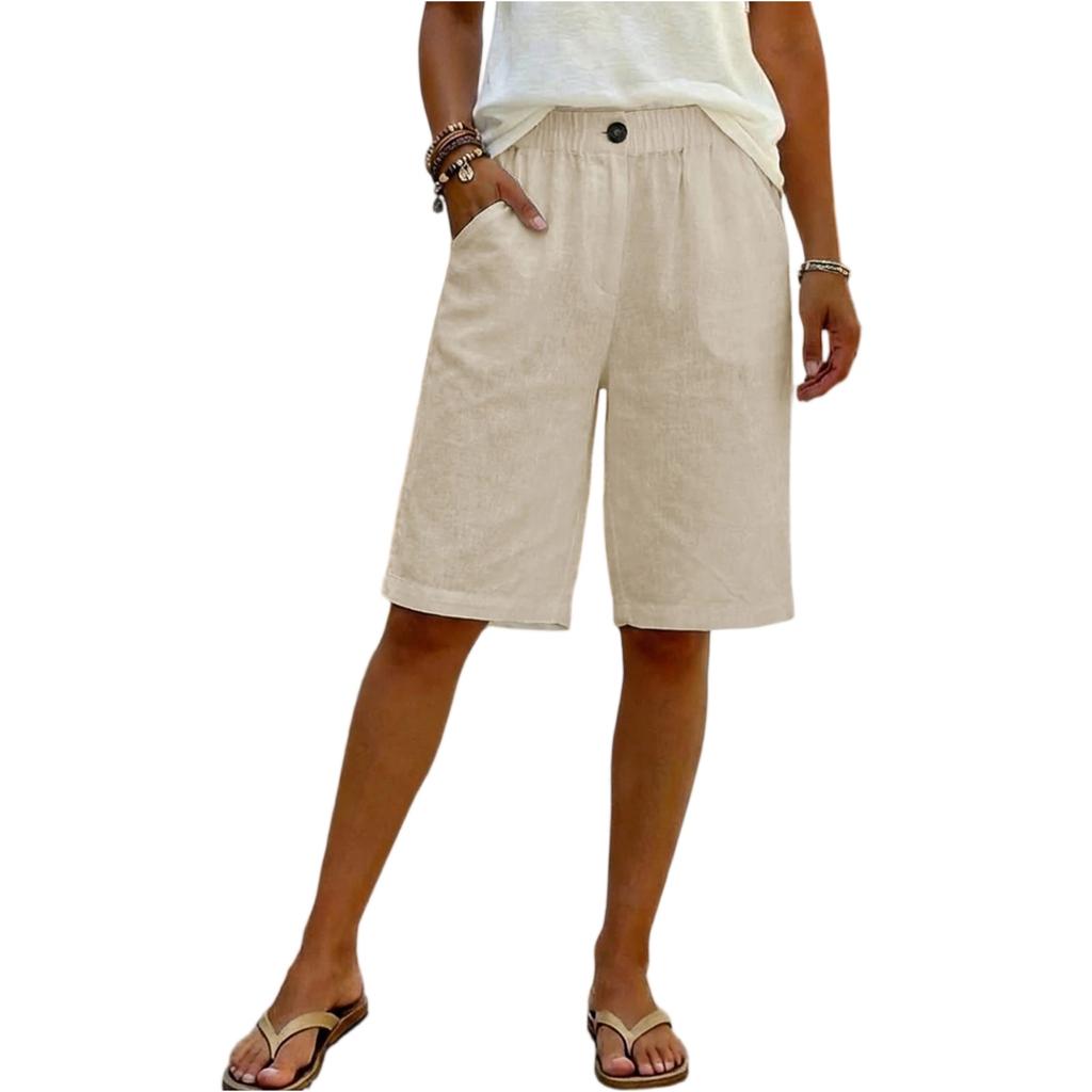 Women's Fashionable Color Elastic Waist Pocket Casual Loose Cotton And Linen  Five Quarter Shorts