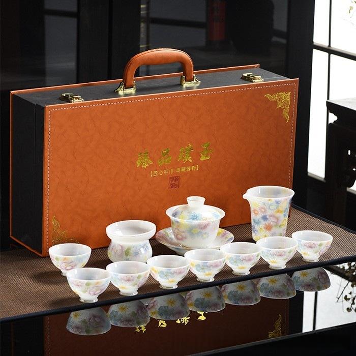 New Floral Ice Seed, Jade Kung Fu Tea Set Set, Home Gift, High-End Gift, High-End Business Present