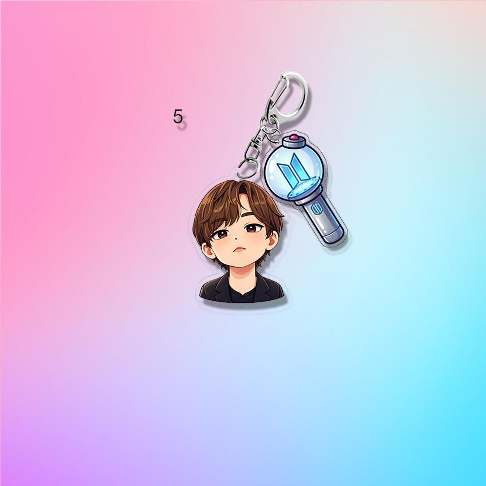 BTS Anime Cartoon & ARMY Bomb Double Acrylic Keychain, Bangtan Boys Cartoon Figure + Lightstick Charm Keyring, Kpop ARMY Fans Bag Pendant