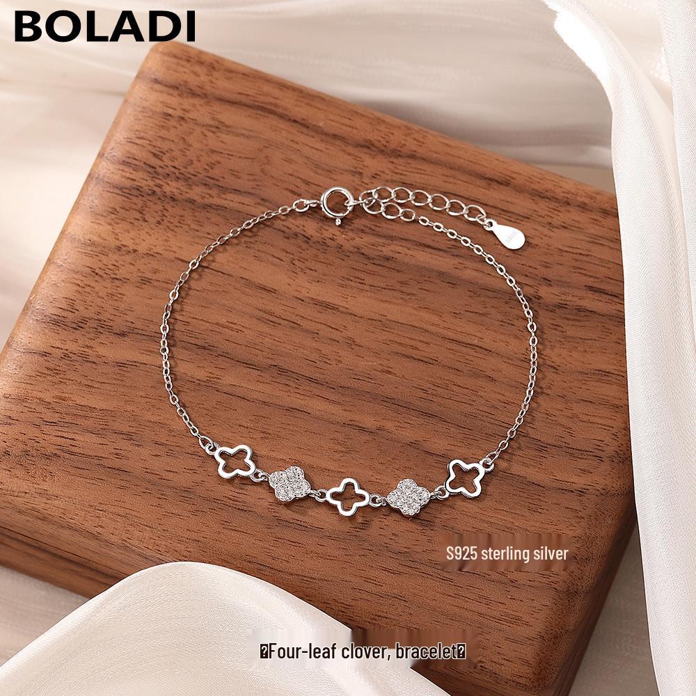 S925 Sterling Silver Lucky Four-Leaf Clover Bracelet in Mori Style - Simple, Elegant, Niche Hand Jewelry