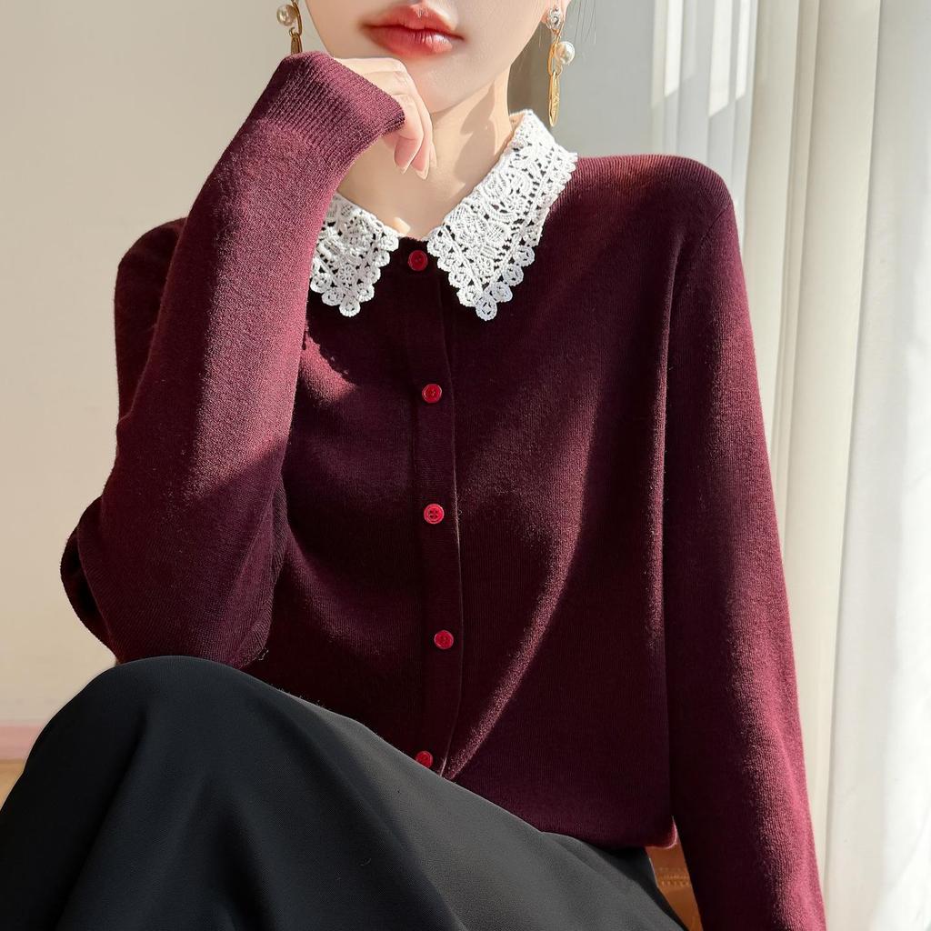 Lace Collar Color Block Patchwork Wool Knit Slim Fit Cardigan for Autumn/Winter
