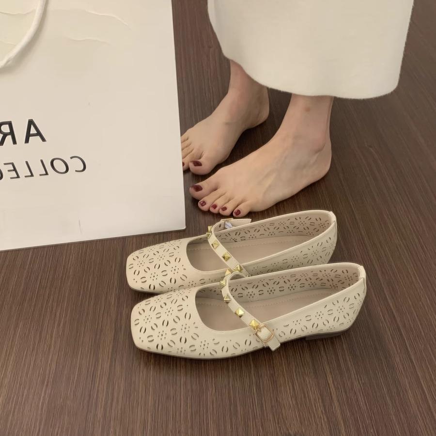 Versatile and Not Tired of Feet, One-word Buckle Strap, Square Head, Mary Jane Shoes, Fairy, Breathable, Hollowed Out, Flat-bottomed Ballet Single Sh