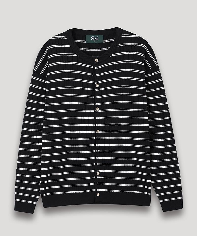 Nodu Block Stripe Round Knit Cardigan [Black]