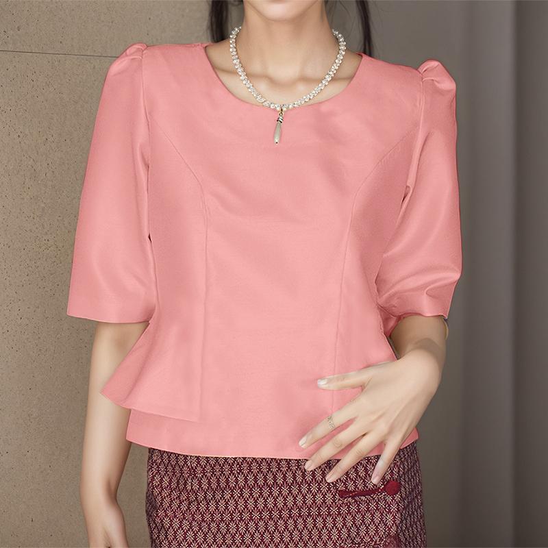 

ZANZEA Женская летняя блузка с круглым вырезом, оборками и вставками, повседневная, с коротким рукавом 2XL розовый