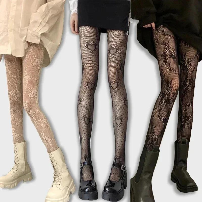 Sexy Hollowed Lace Mesh Stockings Bottomed Pantyhose Classic Lolita Fishnet  Women Netting Gothic Punk Retro Spider Web Tights