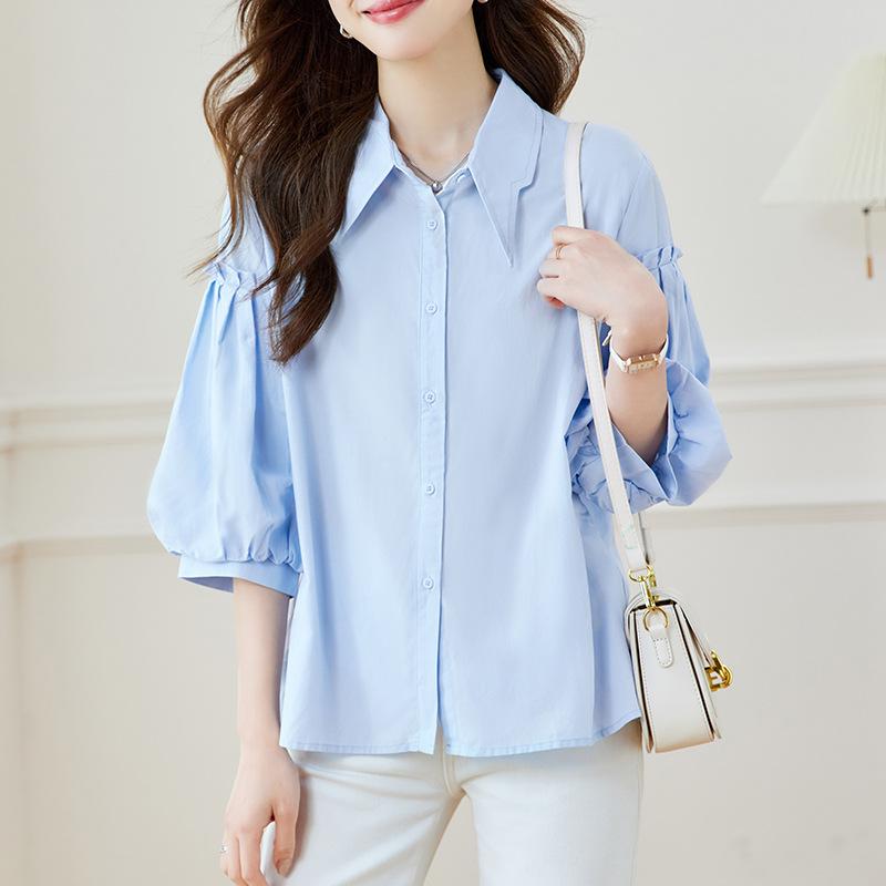 Blue Shirt Women's Seven-quarter Sleeves Spring and Summer New Lantern Sleeves Top Casual Shirt