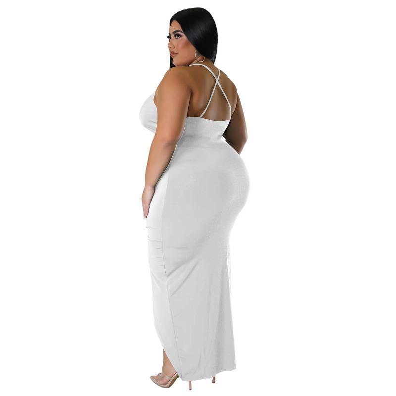 Plus Size Black Halter Deep V Neck Twist Front Ruched Split Bodycon Maxi Dress