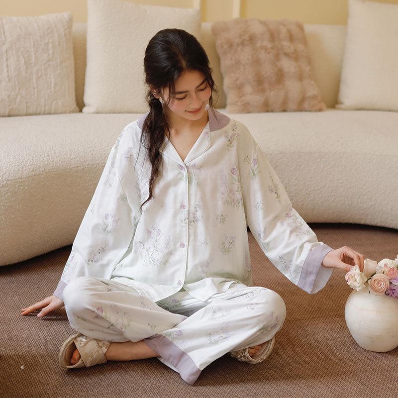 2025 Purple Tulip Print Cotton Double Gauze Loungewear Lapel Long Sleeve Trousers Comfortable Pajama Set Loose Elegant 2 Piece