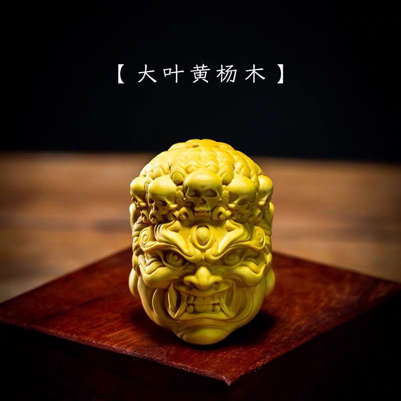 

Boxwood Carving Fudo Ming Wang Buddha Head Handle, Wooden Hand-carved Evil Spirit Crafts, Men s Portable Pendant Statues