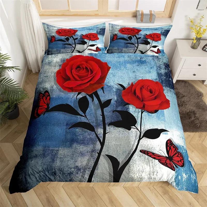 Rose Flower Duvet Cover Single King Oil Painting Butterfly Floral Bedding Set Microfiber Vintage Watercolor Artwork Quilt Cover