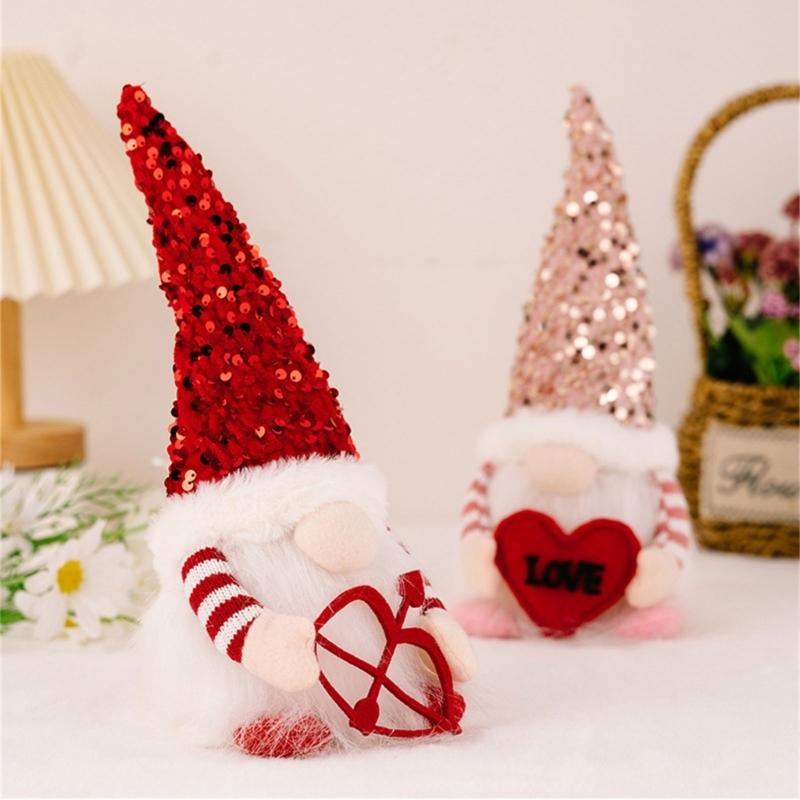 Valentine's Day Gnome Sequins Hat with Led Light Plushes Beard Doll Ornament for Elf Decoration New Year Holiday Gift