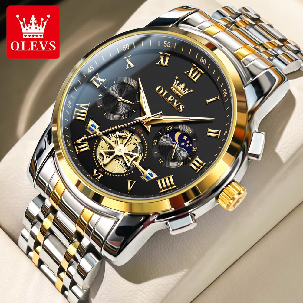 OLEVS Top Original Quartz Men's Watches Classic Roman Scale Dial Moon Phase Waterproof Luminous Luxury Wrist Watch for Male