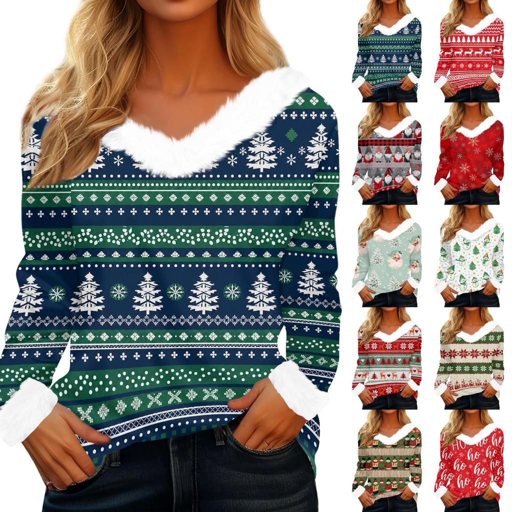 Women's Casual Long Sleeve Christmas Print Top with Plush Collar Holiday Tunic