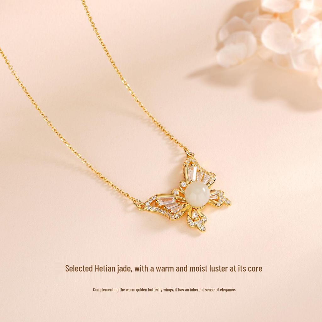 Butterfly Dance Necklace: S925 Sterling Silver, Light Luxury, Fashion Hetian Jade Butterfly on a Delicate Collarbone Chain for Women.