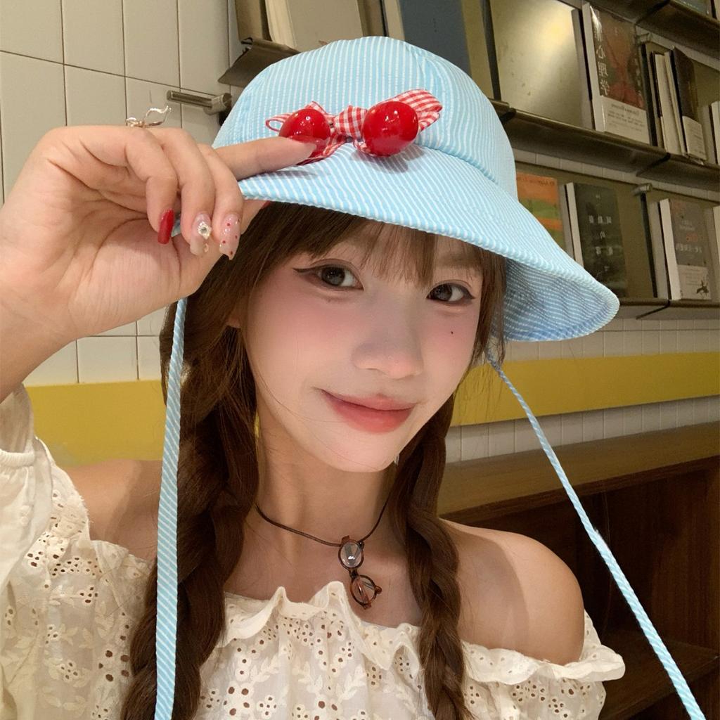 Cute Bow Cherry Quick Drying Bucket Hat Women's Summer Thin Versatile Breathable Striped Sunscreen Hat Basin Hat