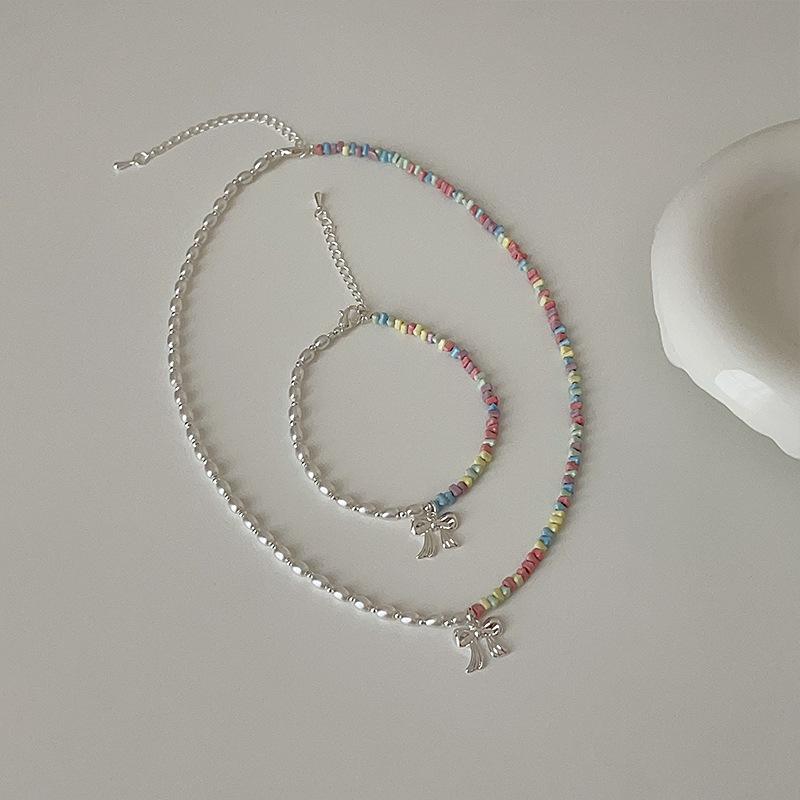 Dopamine Color Beaded Pearl Bow Necklace Bracelet Female Cute Exquisite Fashion Versatile Neck Chain Collarbone Chain