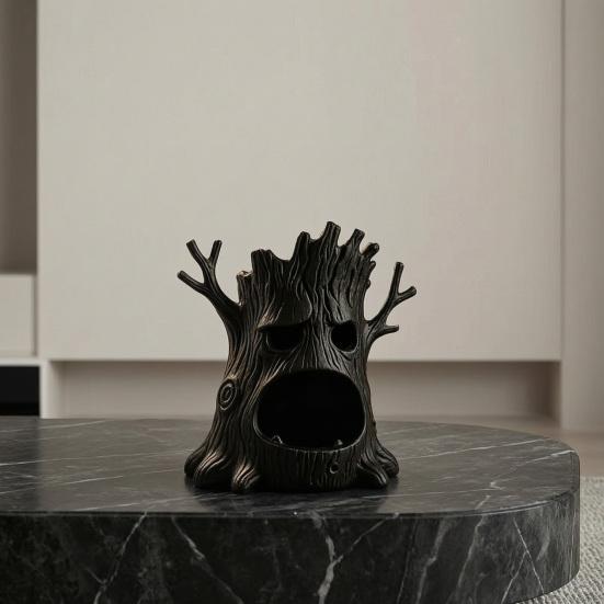 Creepy Tree Statue 3D Printed Spooky Candle Holder, Stump Figurine Dark Fantasy Room Accessories for Halloween Decoration, Desktop Storage Ornament