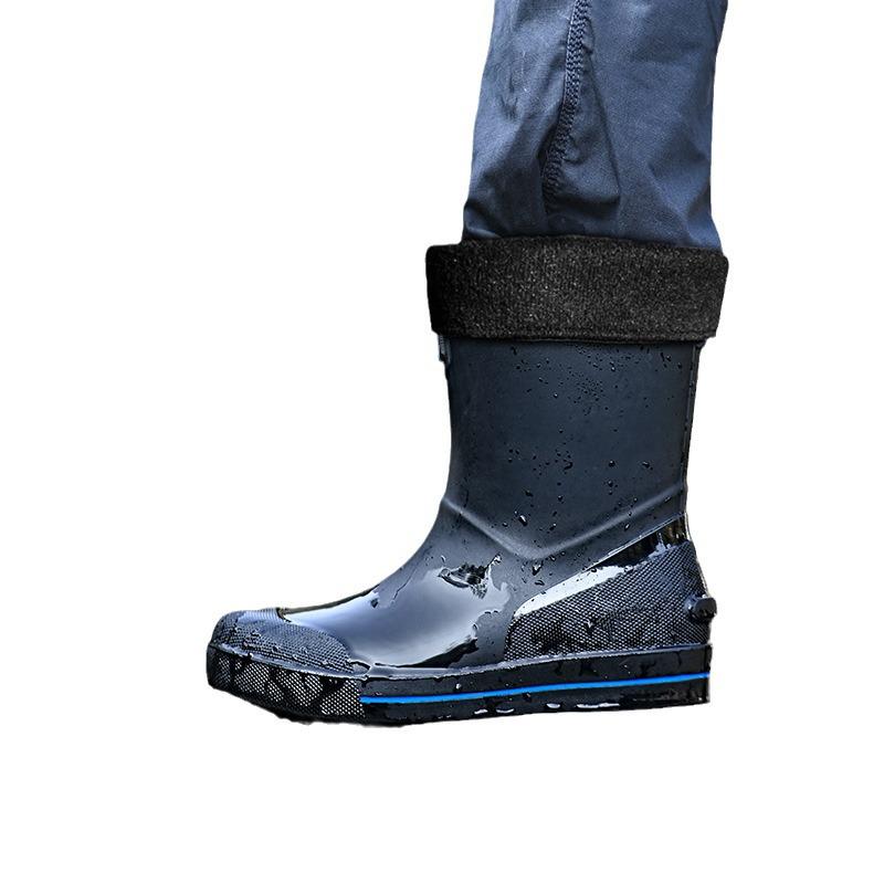 Pánské voděodolné protiskluzové holínky v korejském stylu, odolné proti opotřebení s hřejivou podšívkou z plusového sametu, pohodlné gumové boty střední délky.