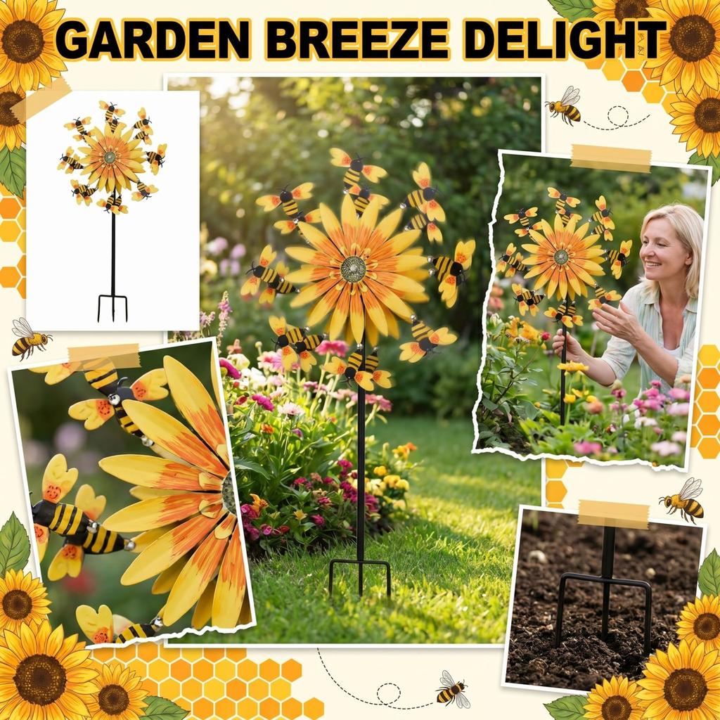 Metal Sunflower Garden Spinner with Rotating Bee Decorations Outdoor Yard Windmill Decorative Lawn Ornament for Patio Lawn