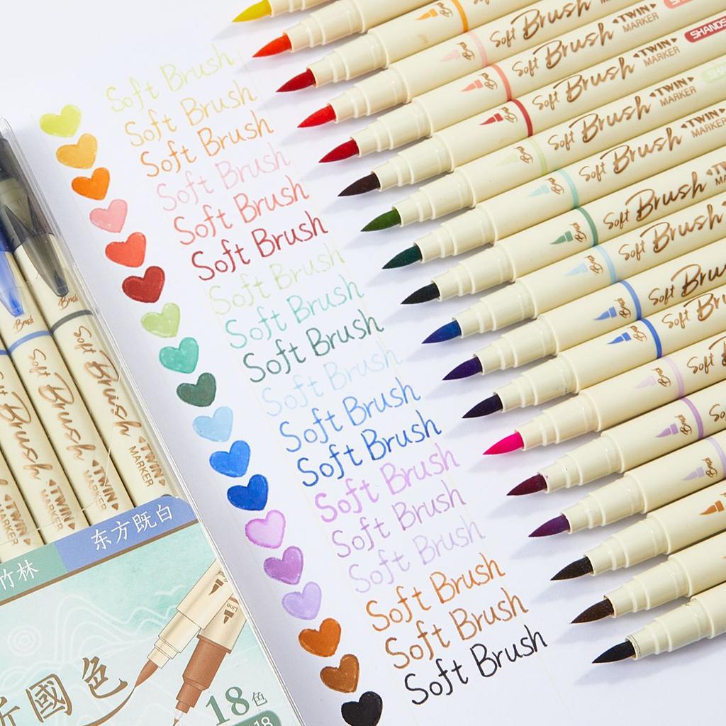 18 Colors Dual Tone Brush Tip Highlighter Pens Set Dual-Color Soft Brush Painter For Drawing Painting Lettering A7970