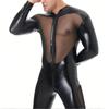 Sexy Herren Mesh Leder Lingerie Jumpsuits Erotische Körperbekleidung Nachtclub Kleidung für Männer Vorne und Hinten Transparent Enganliegender Body