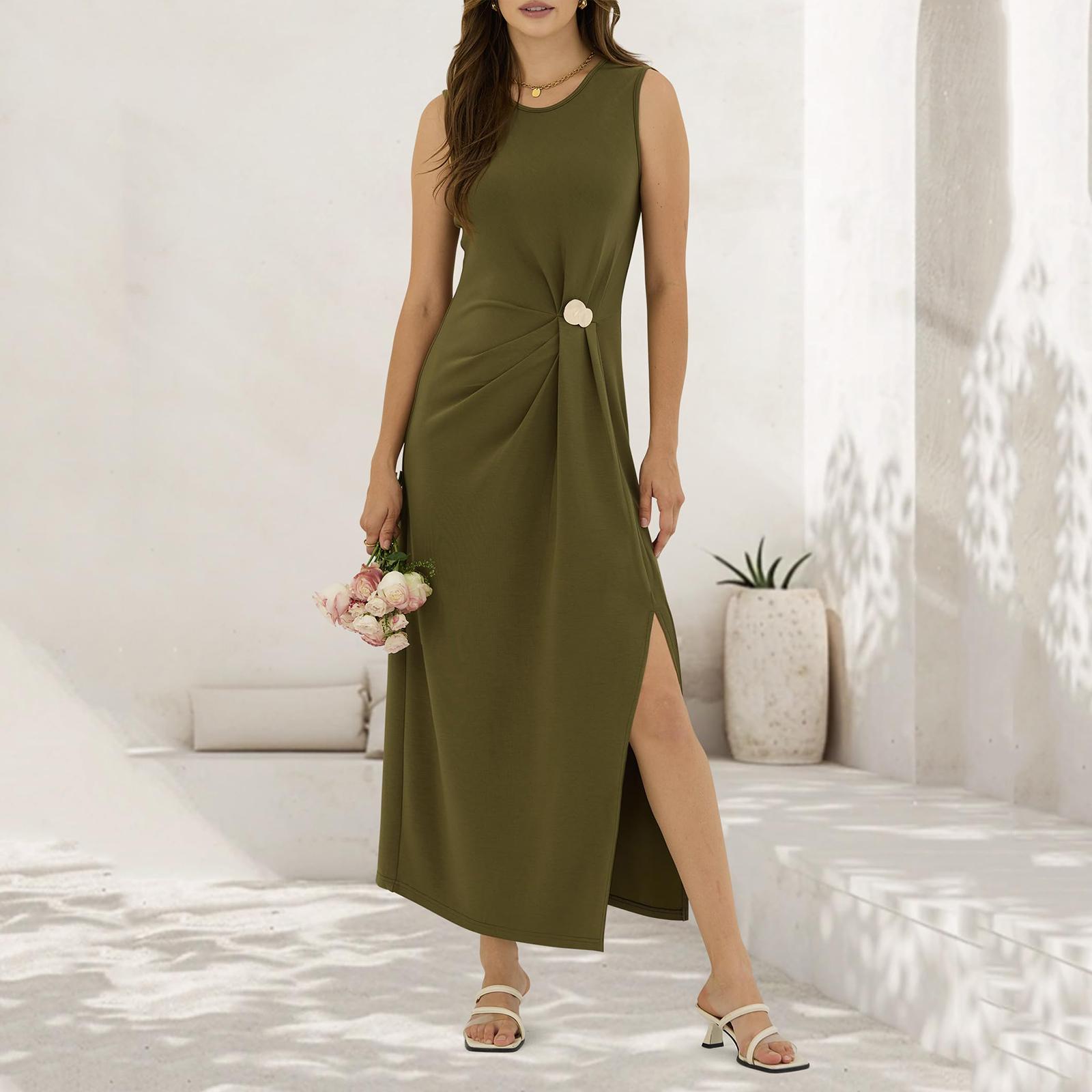 Women s Fashion Extra Long Dress Sleeveless Casual Split Viced Dress Elegant A- Line Long Dress XL зелёный