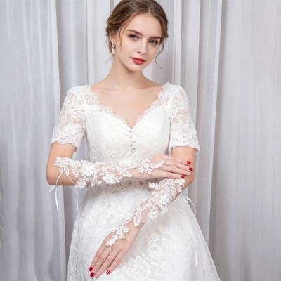 Women Long Lace Gloves Fingerless Bridal Gloves with Finger Loop Straps Faux Pearl Elegant Wedding Gloves Accessory for Tea Party Prom Opera Evening