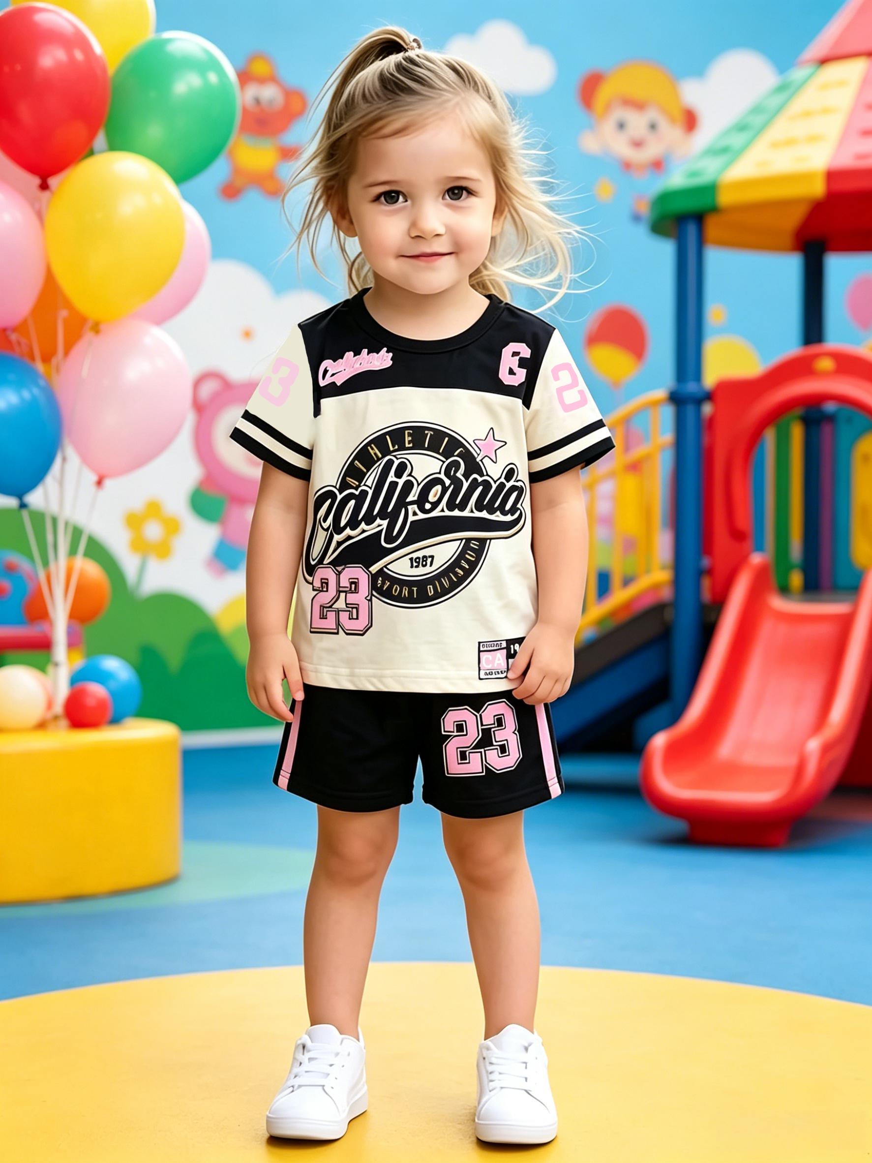 Girls California Letter Print Short Sleeve Color Block Sport Shorts Set Sweet Cool 1-2Y
