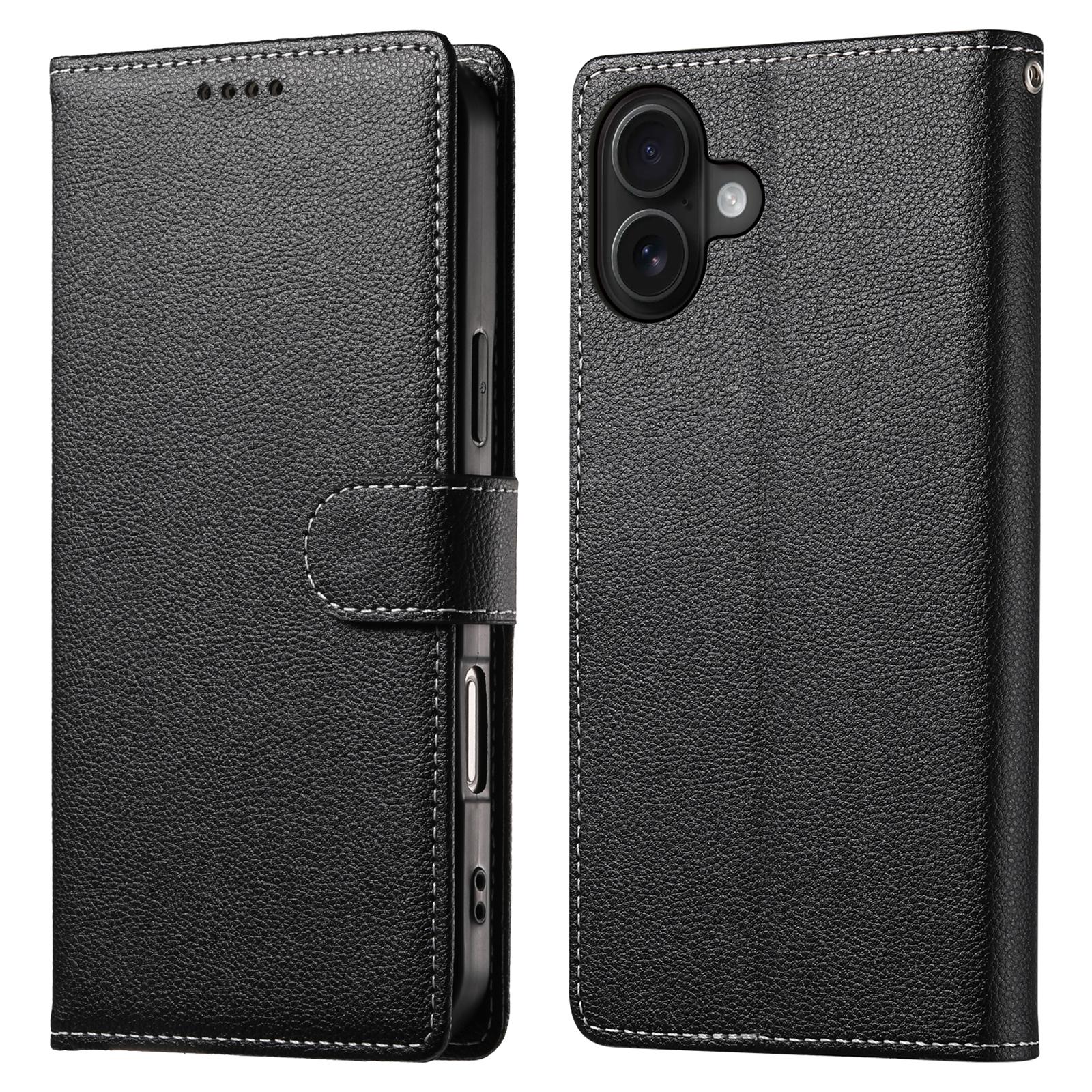 

DF-012 For iPhone 16 Plus Case Litchi Texture Leather Wallet Stand Phone Cover Black