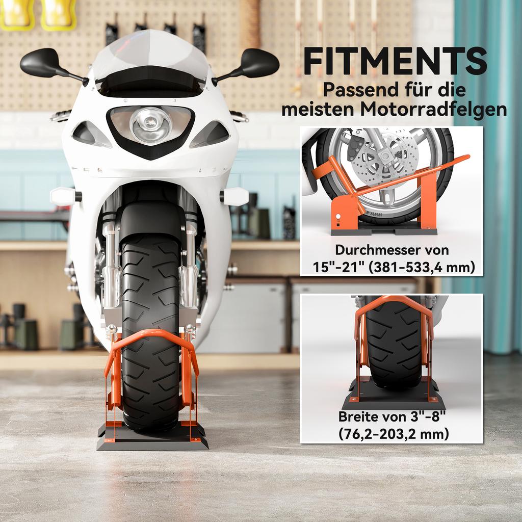 Motorradständer für 15-21", 381-533,4 mm Vorderrad, Verstellbare Motorradwippe 816,5 kg Tragkraft Orange