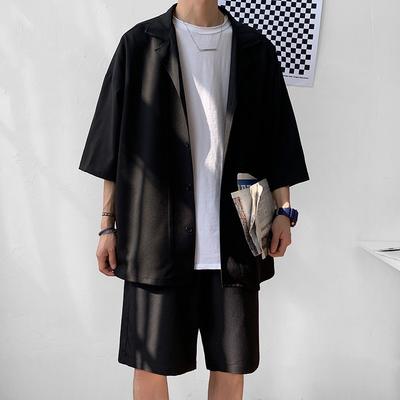 Summer 2 Piece Set Men Suit Jacket and Shorts Oversized Clean Fit Male Clothes Casual Loose Short Shirt
