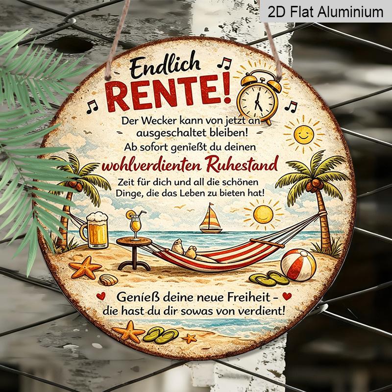 

2D Flat, 1pc Round Aluminum Hanging Sign - Finally Retired German Retirement Beach Scene Metal Wall Art, Vintage Distressed Tropical Hammock & Palm 7.87x7.87in