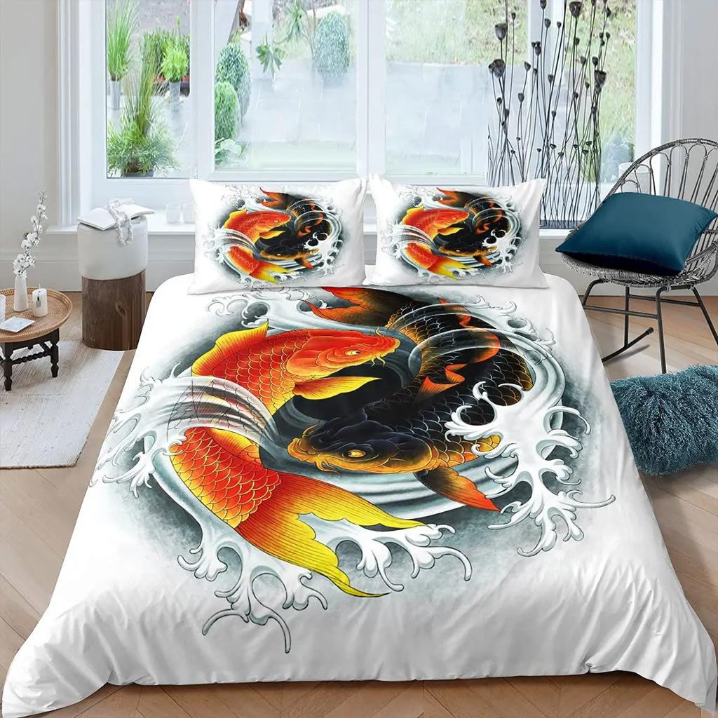 Comforter Koi Fish Carp Tie Dye Bedding Sets Traditional Chinese Ink Art Lotus Leaf Nature Full Size