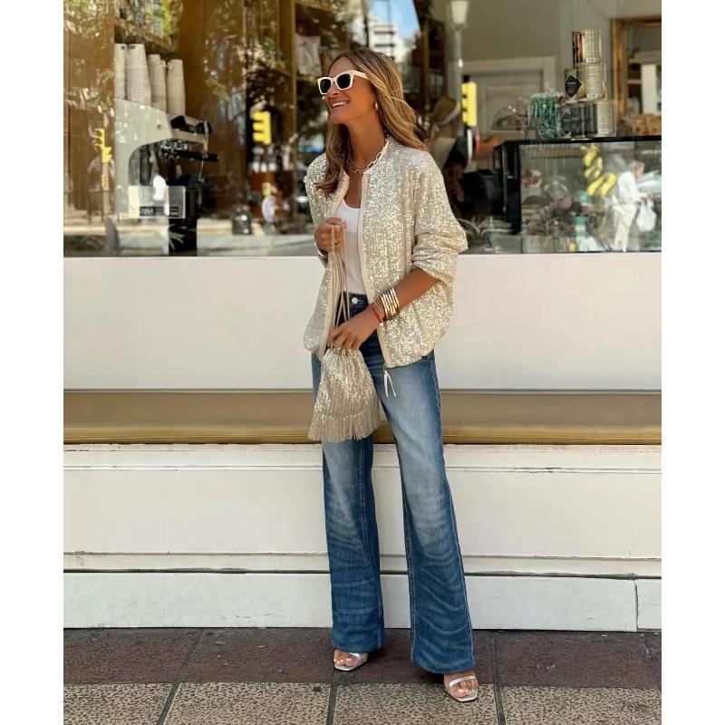 Fashion Sequins Cardigan Coat Women Casual Zipper Slim Long Sleeve Jacket Female Fall Short Coats Streetwear Tops