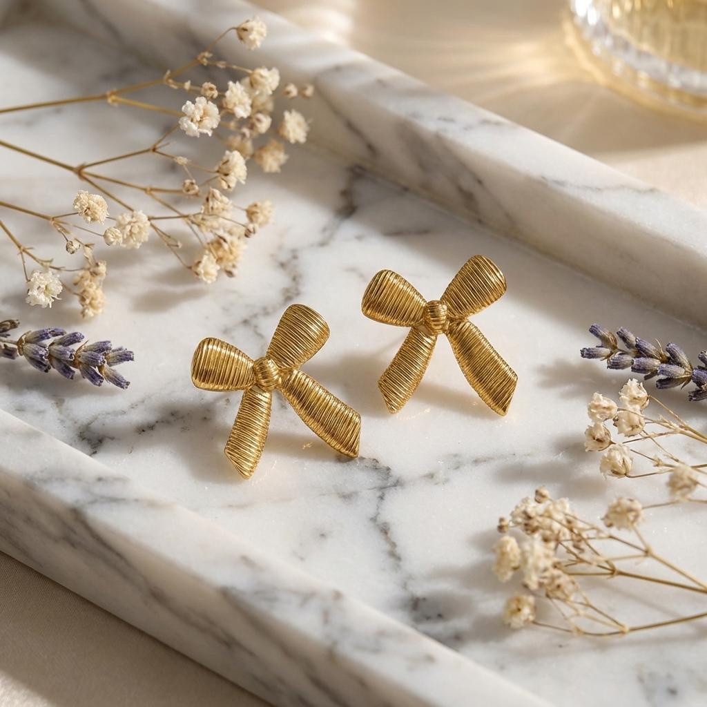 Stainless Steel Vintage Textured Bow Stud Earrings For Women  Gold Plated Bowknot Ribbon Earring Party Aesthetic Jewelry Gifts