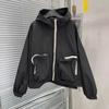 Leichte Kapuzen-Windbreaker-Jacke für Damen, lässig, locker, Reißverschluss, Sonnenschutz, Taschen