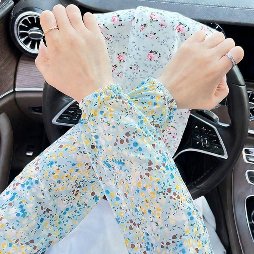 Gifts Floral Print Ice Silk Sleeves for Women Elastic Arm Protectors Loose Fit Gloves UV Protection Long Sleeves