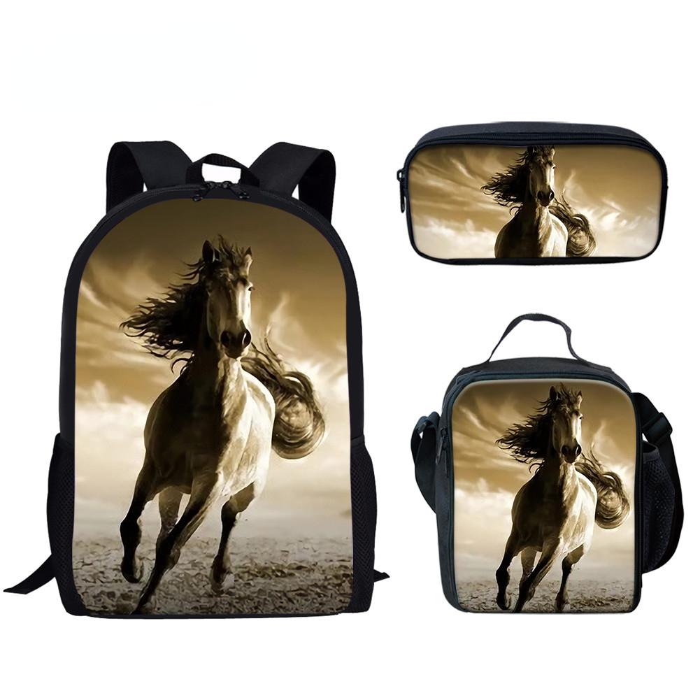 Klassiek Populair Grappig Zwart Wit Paard 3D Print 3 stuks/Set leerling Schooltassen Laptop Dagrugzak Rugzak Lunchtas Etui